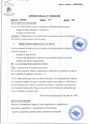Première page de Espagnol 3e, 3e ML — Composition, 2e trimestre (2020-2021) · CPEG ROSAIRE