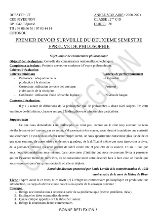Première page de Philosophie 2nde C, 2nde D — 1er devoir surveillé, 2e semestre (2020-2021) · CEG FIYEGNON