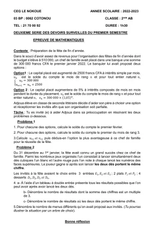 Première page de Mathématiques 2nde A1, 2nde A2, 2nde B — 2e devoir surveillé, 1er semestre (2022-2023) · CEG LE NOKOUE