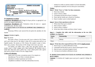 Première page de Anglais 6e — 2e devoir surveillé, 1er semestre (2022-2023) · CEG ZONGO