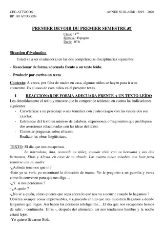 Première page de Espagnol 1ère A & B, 1ère A1, 1ère A2, 1ère B — 1er devoir surveillé, 1er semestre (2019-2020) · CEG Attogon