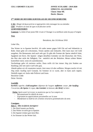 Première page de Allemand 4e ML, 3e ML — 2e devoir surveillé, 2e semestre (2019-2020) · CEG3 ABOMEY CALAVI
