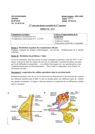 Première page de SVT 2nde C — 1er devoir surveillé, 1er semestre (2021-2022) · CEG Kouhounou-Vêdoko