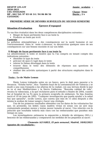 Première page de Espagnol 3e ML — 1er devoir surveillé, 2e semestre (2020-2021) · CEG FIYEGNON