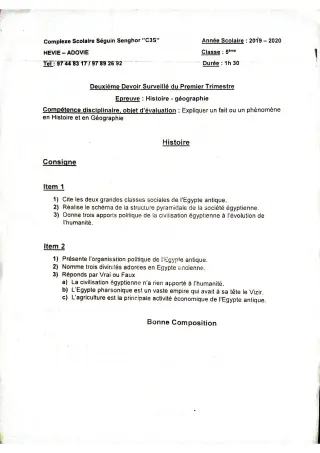 Première page de Histoire-Géographie 5e — 2e devoir surveillé, 1er trimestre (2019-2020) · CPEG SEGUIN SENGHOR
