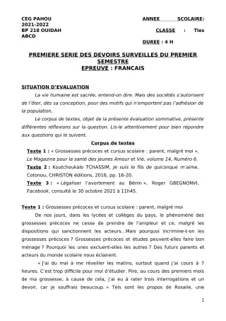 Première page de Français Tle A1, Tle A2, Tle B, Tle C, Tle D — 1er devoir surveillé, 1er semestre (2021-2022) · CEG PAHOU