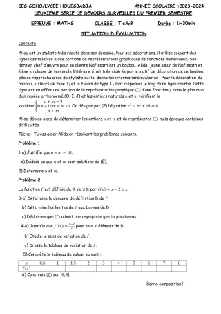 Première page de Mathématiques Tle A2, Tle B — 2e devoir surveillé, 1er semestre (2023-2024) · CEG GOHO