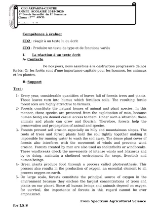 Première page de Anglais 2nde A1, 2nde A2, 2nde B, 2nde C, 2nde D — 1er devoir surveillé, 1er semestre (2019-2020) · CEG 1 Akpakpa-Centre