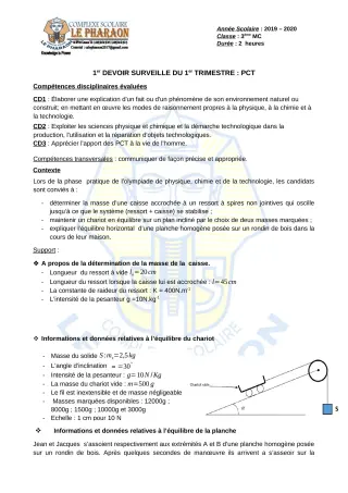 Première page de PCT 3e — 1er devoir surveillé, 1er trimestre (2019-2020) · CPEG LE PHARAON