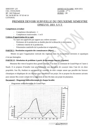 Première page de SVT 2nde C — 1er devoir surveillé, 2e semestre (2020-2021) · CEG FIYEGNON