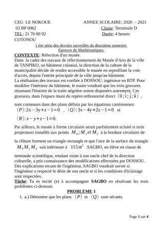Première page de Mathématiques Tle D — 1er devoir surveillé, 2e semestre (2020-2021) · CEG LE NOKOUE