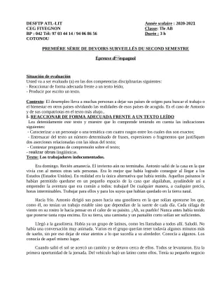 Première page de Espagnol Tle A1, Tle A2, Tle B — 1er devoir surveillé, 2e semestre (2020-2021) · CEG FIYEGNON
