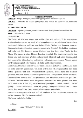 Première page de Allemand 1ère A1, 1ère A2, 1ère B — 1er devoir surveillé, 1er semestre (2019-2020) · CEG 1 Akpakpa-Centre