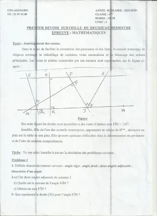 Première page de Devoir surveillé de MATHS GENE — 6e — CEG ADJAGBO (2018)