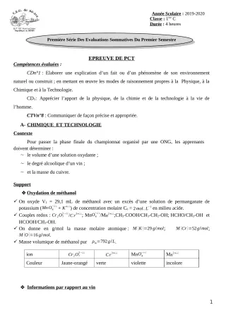 Première page de PCT 1ère C — 1re évaluation sommative, 1er semestre (2019-2020) · CEG Sô-Ava