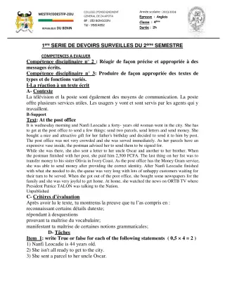 Première page de Anglais 4e — 1er devoir surveillé, 2e semestre (2023-2024) · CEG ZA-KPOTA