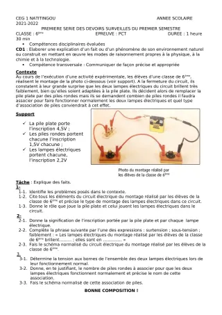 Première page de PCT 6e, 5e, 4e, 3e — 1er devoir surveillé, 1er semestre (2021-2022) · CEG1 Natitingou