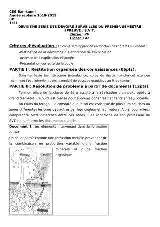 Première page de SVT 4e, 4e ML — 2e devoir surveillé, 1er semestre (2018-2019) · CEG Banikanni