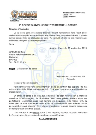 Première page de Français 4e, 4e ML — 1er devoir surveillé, 1er trimestre (2019-2020) · CPEG LE PHARAON