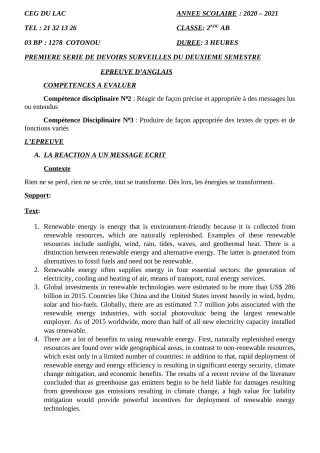 Première page de Anglais 2nde A, 2nde B — 1er devoir surveillé, 2e semestre (2020-2021) · CEG du Lac