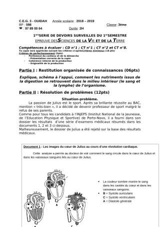 Première page de SVT 3e — Devoir surveillé (2019-2020) · CEG3 OUIDAH