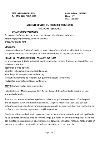 Première page de Espagnol 4e, 3e ML, 2nde B — 2e devoir surveillé, 1er trimestre (2020-2021) · CEPG La Prunelle de Dieu