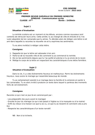 Première page de Français 6e — 1er devoir surveillé, 1er semestre (2022-2023) · CEG SEKERE