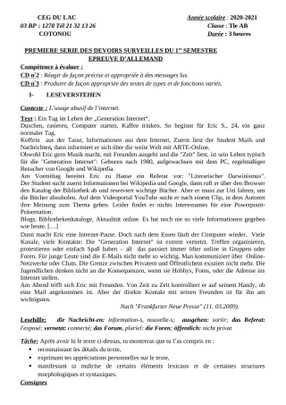 Première page de Allemand Tle A2, Tle B — 1er devoir surveillé, 1er semestre (2020-2021) · CEG du Lac