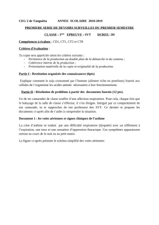 Première page de SVT 3e, 3e ML — 1er devoir surveillé, 1er semestre (2018-2019) · CEG2 TANGUIETA