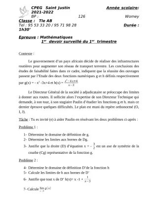 Première page de Mathématiques 2nde A2, 2nde B, Tle A2, Tle B — 1er devoir surveillé, 1er trimestre (2021-2022) · CPEG SAINT Justin