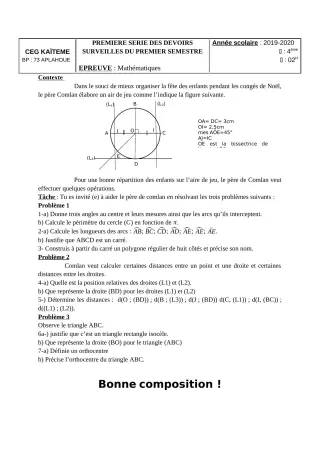 Première page de Mathématiques 4e, 4e ML — 1er devoir surveillé, 1er semestre (2019-2020) · CEG Kaïtèmè