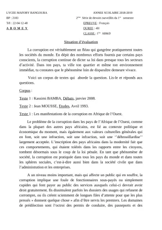Première page de Français 1ère A & B, 1ère D — 2e devoir surveillé, 1er semestre (2018-2019) · Lycée Houegbadja d'Abomey (Ex Mafory Bangoura)