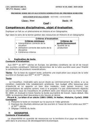 Première page de Histoire-Géographie 3e, 3e ML — 1re évaluation sommative, 1er semestre (2019-2020) · CEG Ahossougbéta
