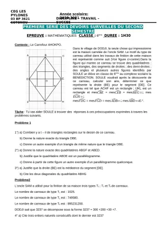 Première page de Mathématiques 6e, 5e, 4e, 3e, 2nde A & B, 2nde A1, 2nde A2, 2nde B, 2nde C, 2nde D, 1ère B, 1ère C, 1ère D, Tle A1, Tle A2, Tle B — 1er devoir surveillé, 2e semestre (2020-2021) · CEG Les Pylônes
