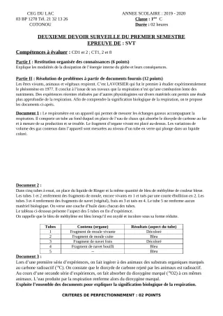 Première page de SVT 2nde D, 1ère C — 2e devoir surveillé, 1er semestre (2019-2020) · CEG du Lac