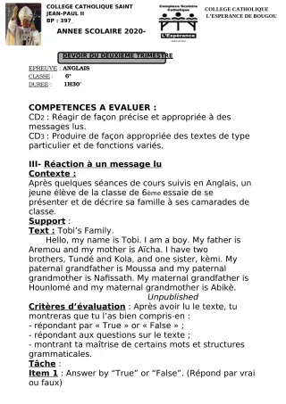 Première page de Anglais 6e, 5e, 4e, 4e ML, 2nde A1, 2nde A2, 2nde C, 2nde D, 1ère A1, 1ère A2, 1ère C, 1ère D — 1er devoir surveillé, 2e trimestre (2020-2021) · CCJPII DJOUGOU
