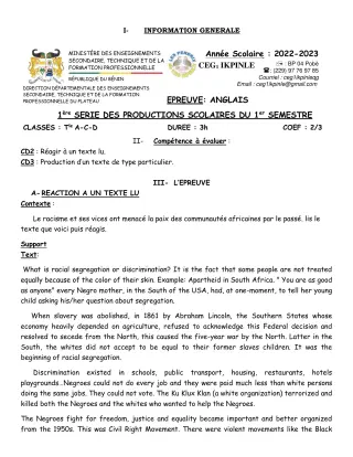 Première page de Anglais 2nde A, 2nde A1, 2nde A2, 2nde C, 2nde D, 1ère A, 1ère A1, 1ère A2, 1ère C, 1ère D, Tle A1, Tle A2, Tle C, Tle D — 1re production scolaire, 1er semestre (2022-2023) · CEG1 Ikpinlè