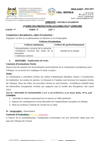 Première page de Histoire-Géographie 3e — Production scolaire, 2e semestre (2022-2023) · CEG1 Ikpinlè