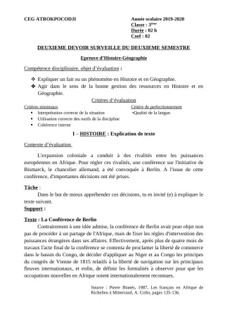 Première page de Histoire-Géographie 3e — 2e devoir surveillé, 2e semestre (2019-2020) · CEG ATROKPOCODJI