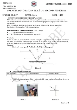 Première page de PCT 5e — 1er devoir surveillé, 2e semestre (2023-2024) · CEG Yagbe