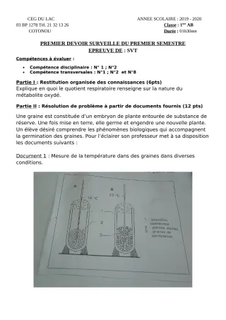 Première page de SVT 1ère A2, 1ère B — 1er devoir surveillé, 1er semestre (2019-2020) · CEG du Lac
