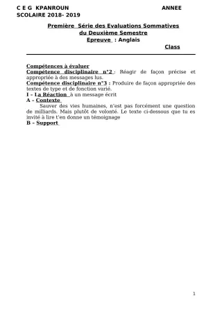 Première page de Anglais Tle D — 1re évaluation sommative, 2e semestre (2018-2019) · CEG Kpanroun