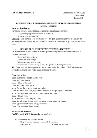 Première page de Espagnol 4e ML, 3e ML — 1er devoir surveillé, 1er semestre (2018-2019) · CEG Agassa Godomey