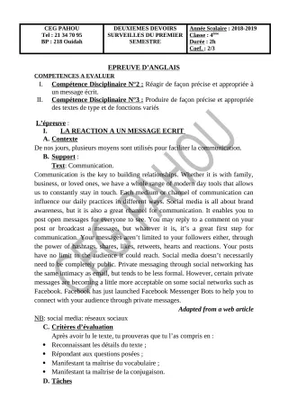 Première page de Anglais 4e, 4e ML — Devoir surveillé, 1er semestre (2018-2019) · CEG PAHOU