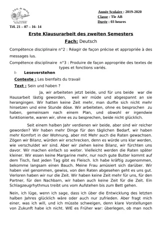 Première page de Devoir surveillé de ALLEMAND — Tle A1, Tle A2, Tle B — CEG Sô-Ava (2019)