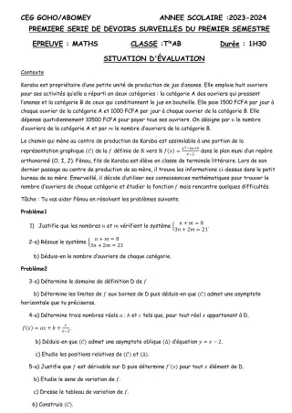 Première page de Mathématiques Tle A & B — 1er devoir surveillé, 1er semestre (2023-2024) · CEG GOHO