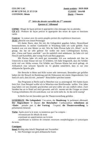 Première page de Allemand 1ère A2, 1ère B — 1er devoir surveillé (2019-2020) · CEG du Lac