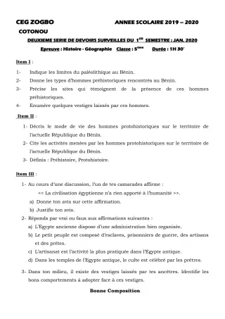 Première page de Histoire-Géographie 5e — 2e devoir surveillé, 1er semestre (2019-2020) · CEG ZOGBO