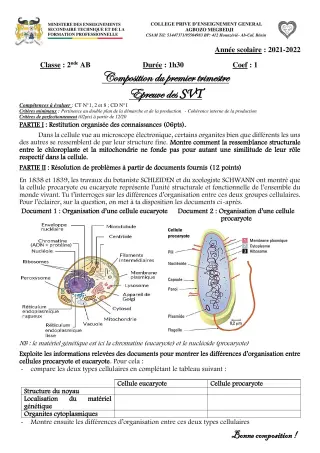 Première page de SVT 2nde B, 2nde D — 1re composition, 1er trimestre (2021-2022) · CPEG AGBOZO MEGBEDJI