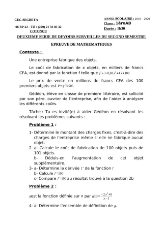 Première page de Mathématiques 1ère A, 1ère B — 2e devoir surveillé, 2e semestre (2019-2020) · CEG SEGBEYA